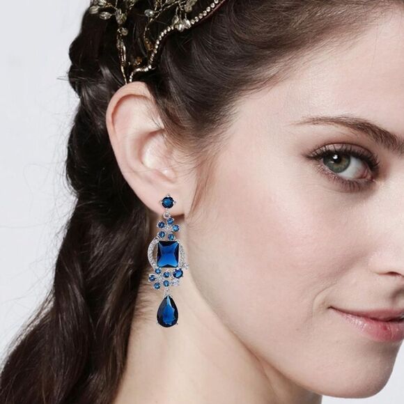 Silver with Blue Sapphire and White Diamond CZ Floral Chandelier Post Earrings - Picture 3 of 5